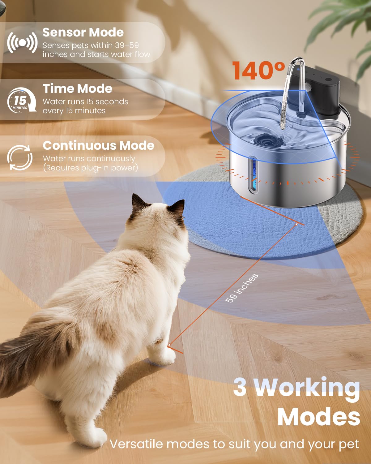 Fontana d'acqua wireless per gatti, in acciaio inox, con sensore, 3,5 l, a batteria, senza fili, erogatore automatico di acqua, pompa silenziosa, senza BPA, per bere, facile da pulire, per gatti, cani