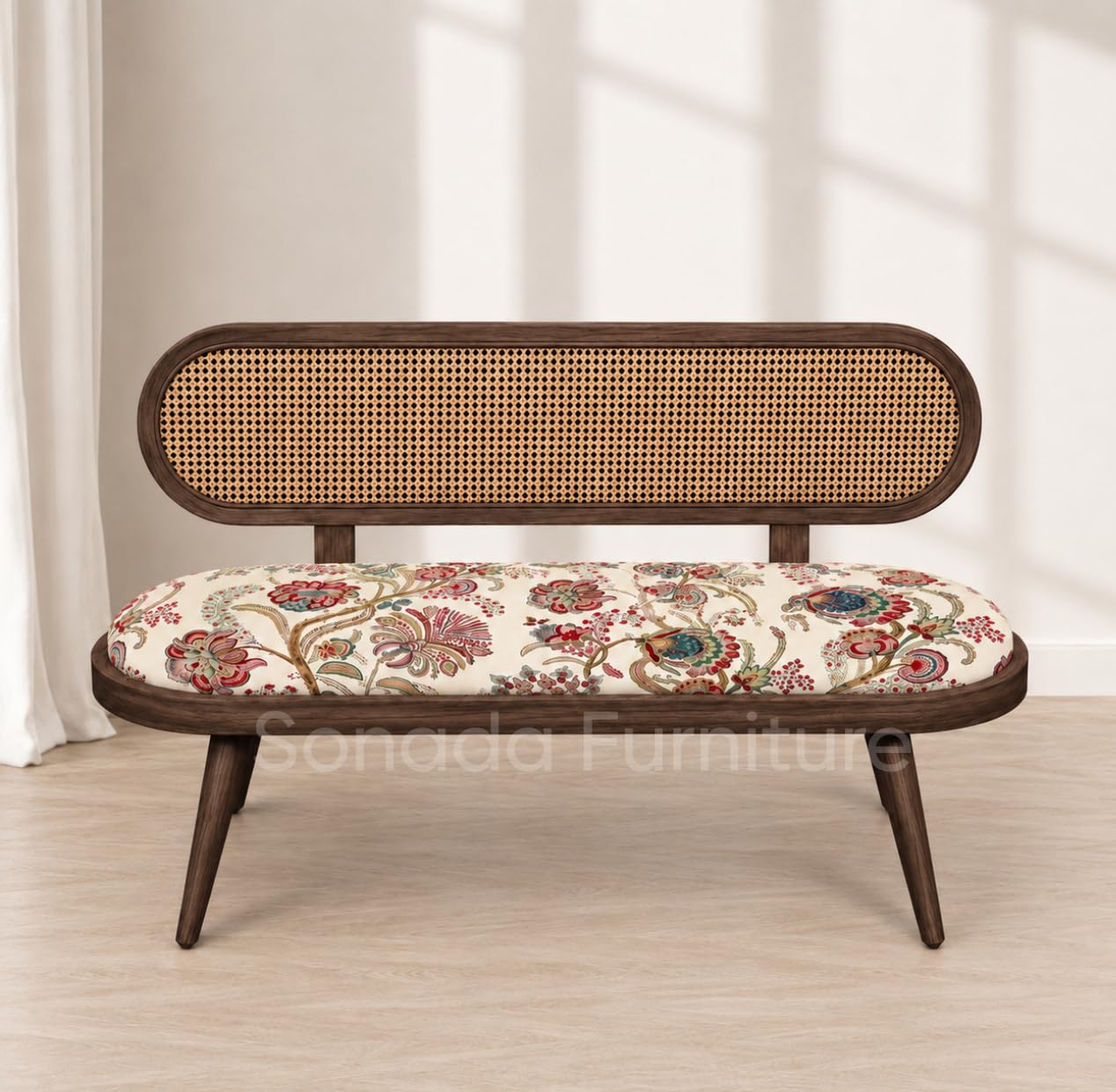 Lira Rattan Solid Wood Bench for Living Room | Wooden Cane Settees Sofa 2 Seater with Cushion Seating | Sheesham Wood Walnut Finish-image-16