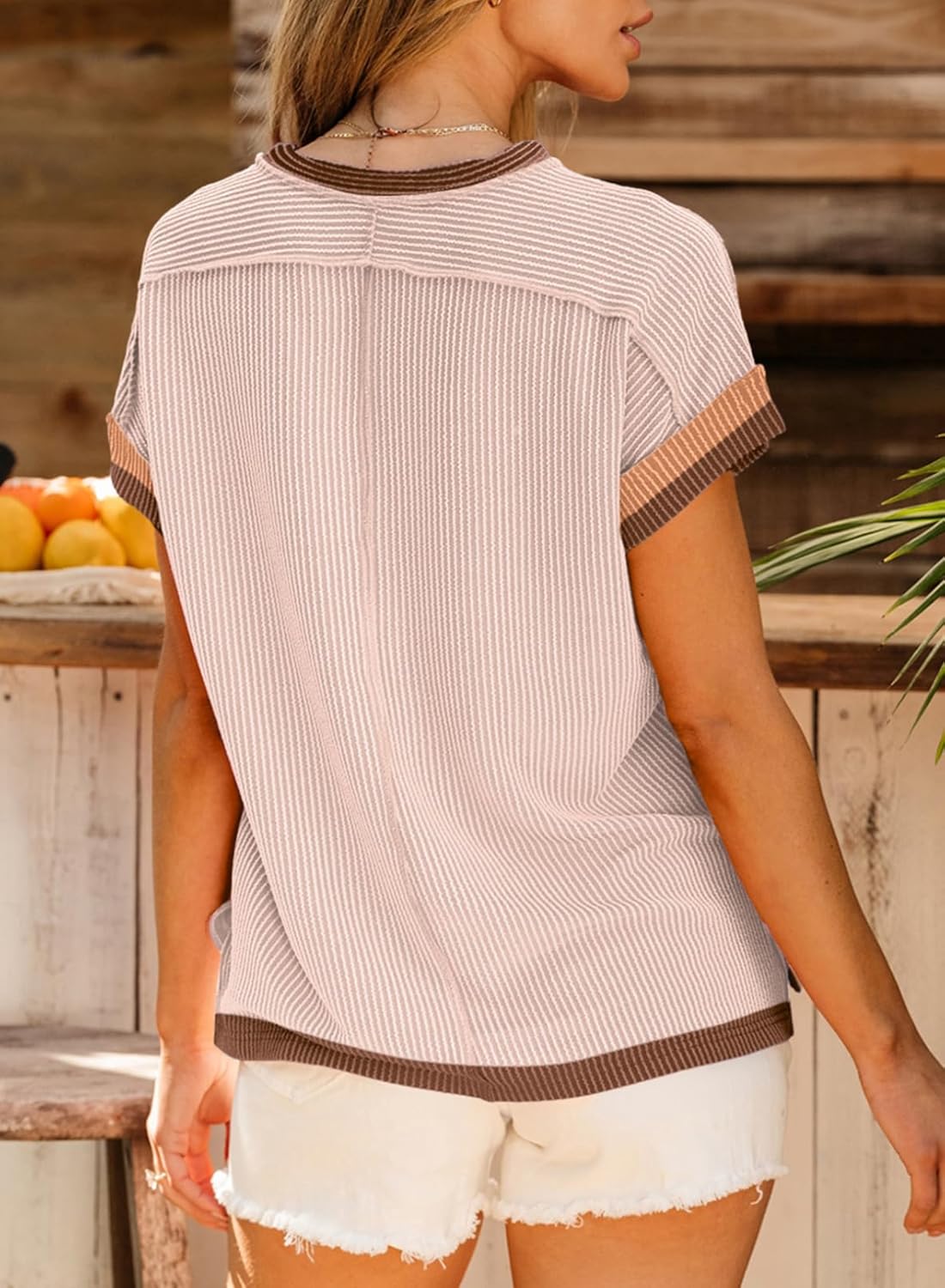 Acelitt Women Casual Summer Tops Short Sleeve Shirts Crewneck Loose Color Block Ribbed T Shirt Tees, S-XXL - Image 2