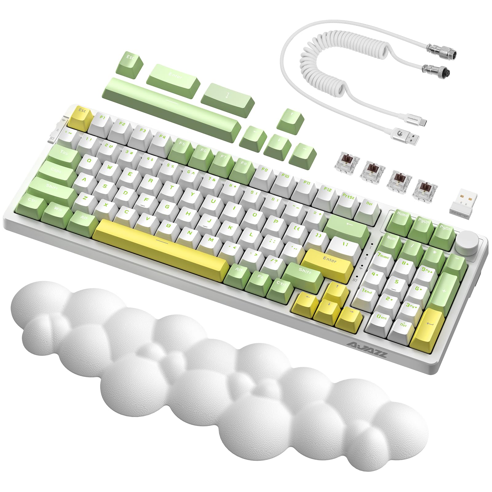 A.JAZZ AK992 GASKET Tastiera da gioco meccanica hotswap e poggiapolsi cloud e cavo USB C a spirale,4000 mAh 2,4 Ghz/BT5.0/USB-C, RGB LIGHTSYNC,manopola del volume,copritasti PBT (interruttore marrone)