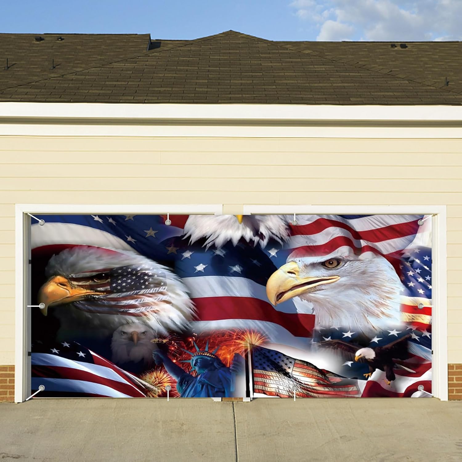 CSFOTO 7x16ft American Flag and Bald Eagle Theme Garage Door Decorative Banner Independence Day Statue of Liberty Garage Decorative Mural National Day Patriot Party Outdoor Wall Decorative Props