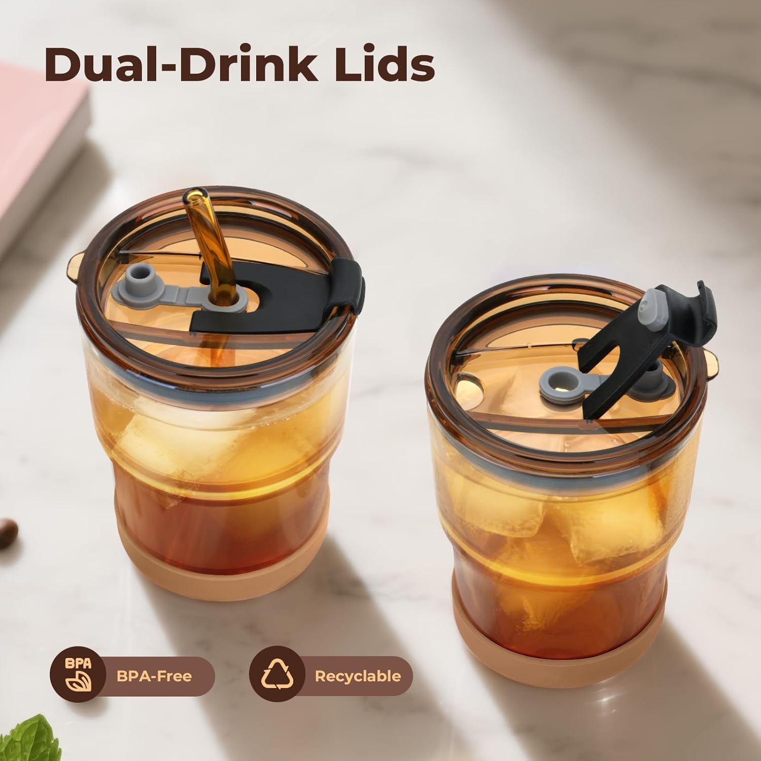 Zukro 13 oz Glass Iced Coffee Cups with Lid and Straw, Leak Proof Glass Tumbler for Ice Tea, Water, Non-Slip Silicone Bottom, Thick Wall Drinking Glasses for Home/Office, BPA Free, Amber 2 Pack - Image 7