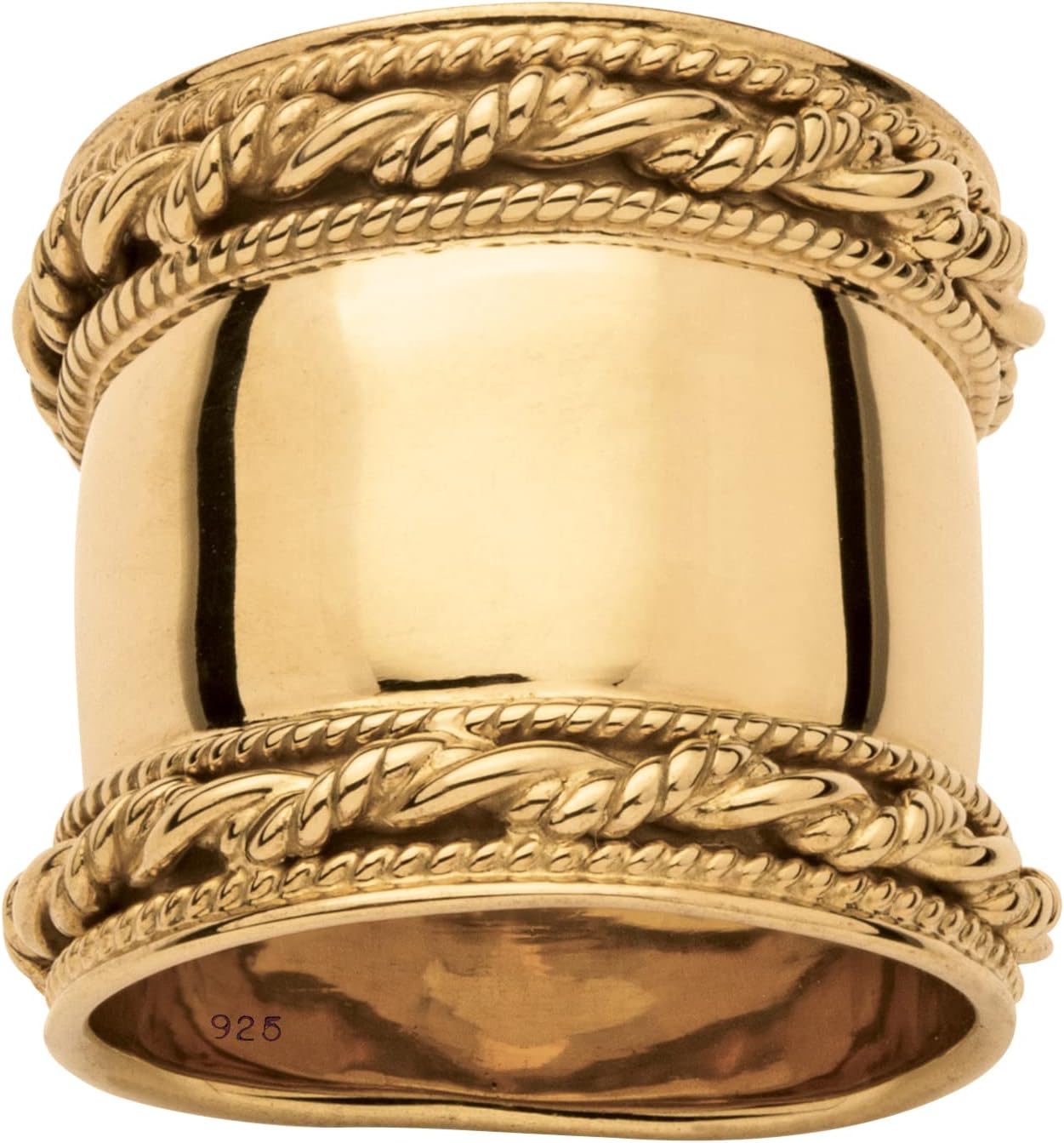 18K Yellow Gold over Sterling Silver Cigar Band Style Rope Detail Ring (13mm)
