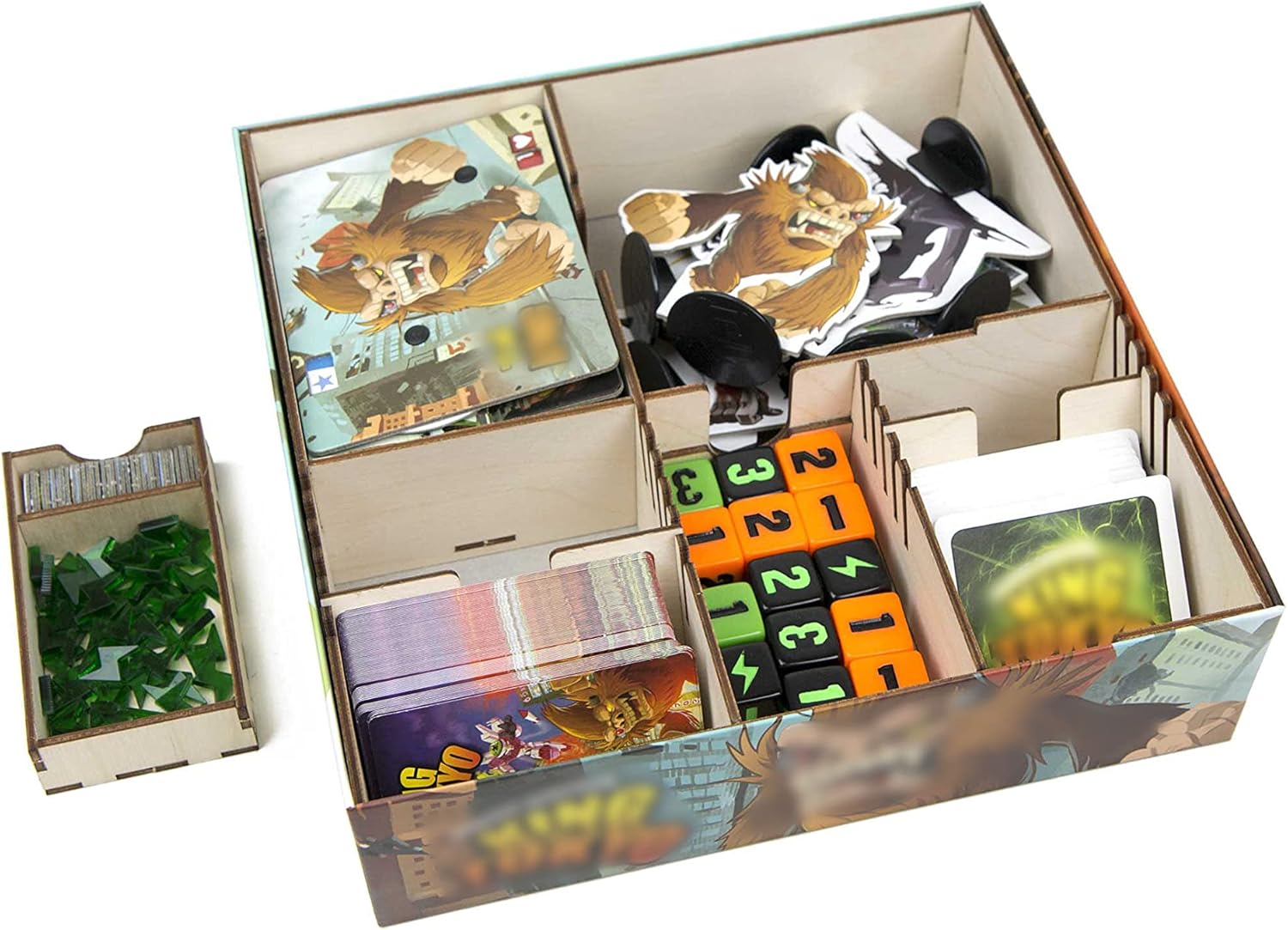 The Broken Token Game Organizer Compatible with King of Tokyo - Wooden Game Organizing Box with Multiple Trays