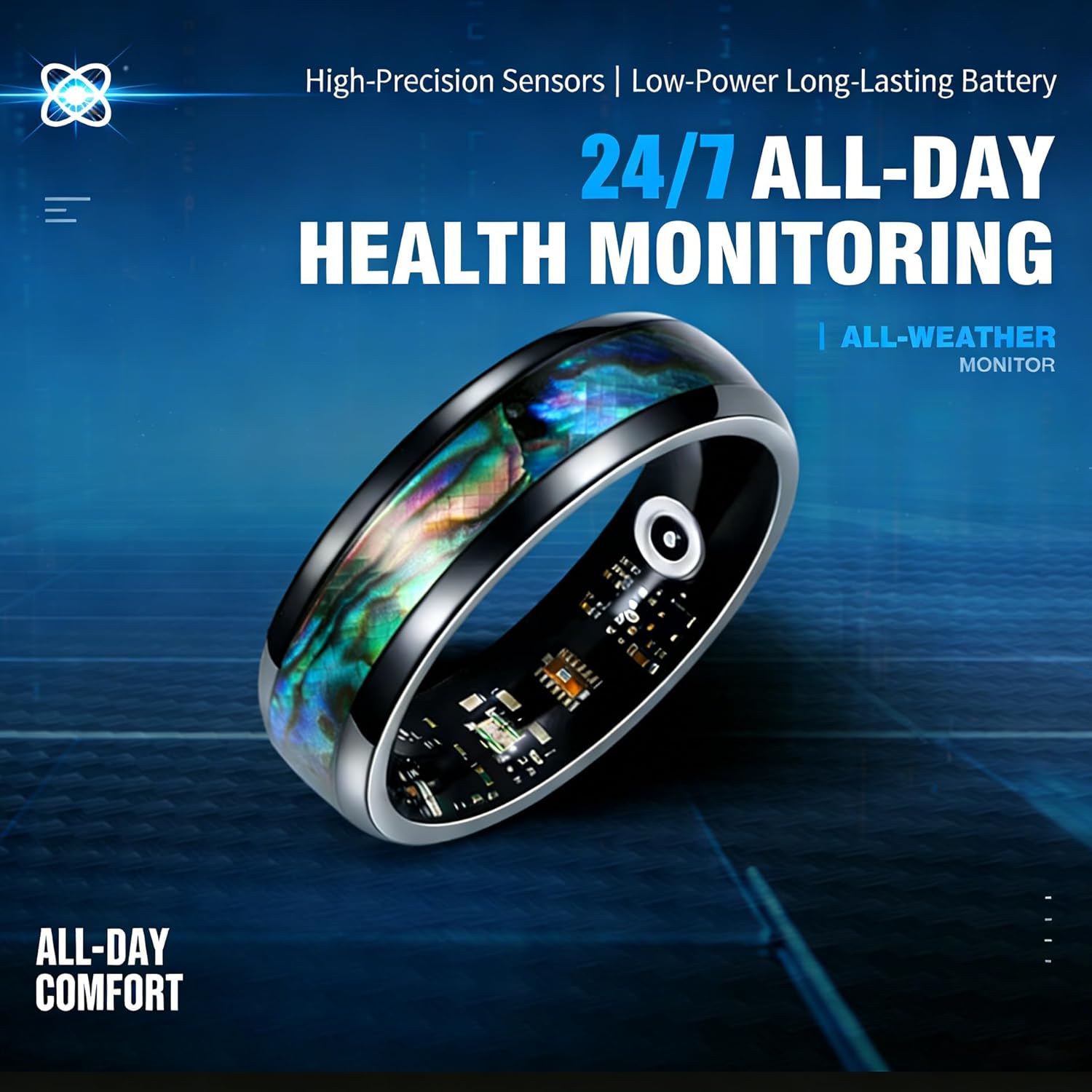 Smart Ring for Women Men, Titanium Steel with Abalone Shell, Sleep & Activity Tracker, Heart Rate Monitor, IP68 Waterproof, No Subscription, Wireless Charging, iOS & Android 12#