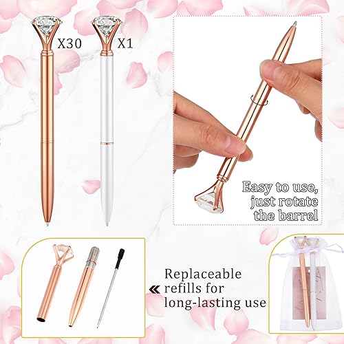 Miniatura 3 de Yeaqee 91 piezas de bolígrafos para despedida de soltera con diamantes, set de 31 bolígrafos de cristal para boda, 30 bolsas de organza, 30