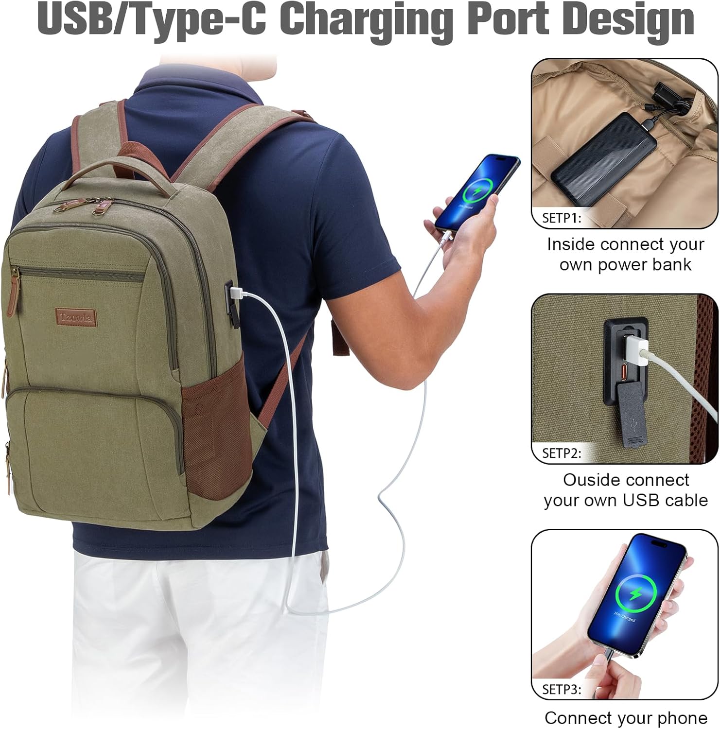 Tzowla Canvas Laptop College Backpack for Men and Women,Travel Work Vintage Rucksack with USB/Type-C Charging Port,Lightweight Hiking Casual Daypack Backpacks fit 15.6 inch Notebook,Green