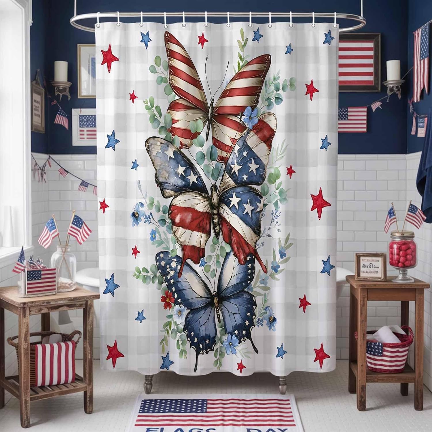 4th of July Shower Curtain Red Blue Stars Butterfly Bathroom Curtains with Hooks, Waterproof Eucalyptus Leaves Plaid Independence Day Shower Curtains Set for Bathroom Bathtubs Memorial Day 72x72