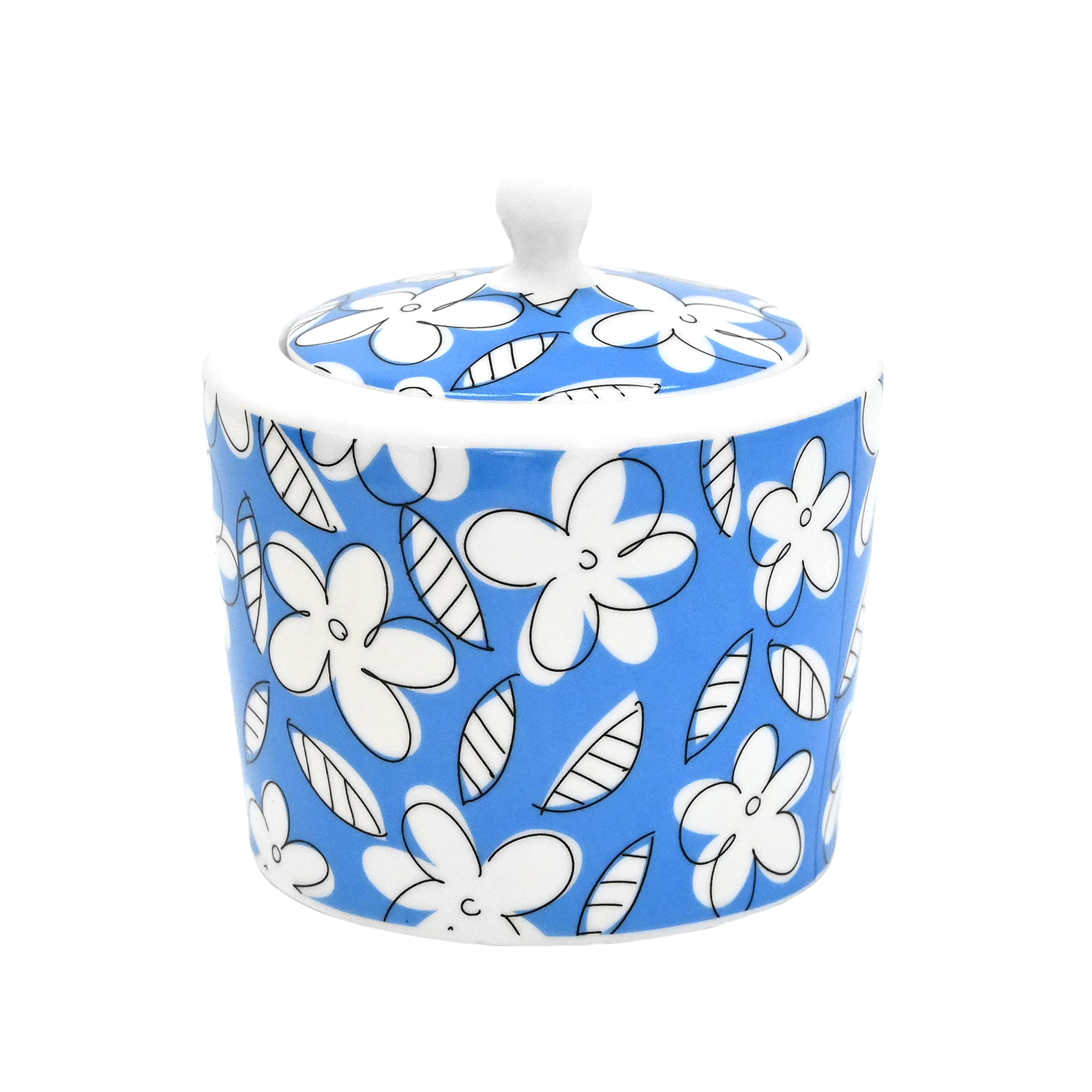 Britto Bone China Sugar Bowl with Lid, 10.4 oz, Blue Flowers Design - Coffee Bar Accessories, Seasoning Pot Box, Ceramic Salt Pepper Organizer, Farmhouse Kitchen Decor