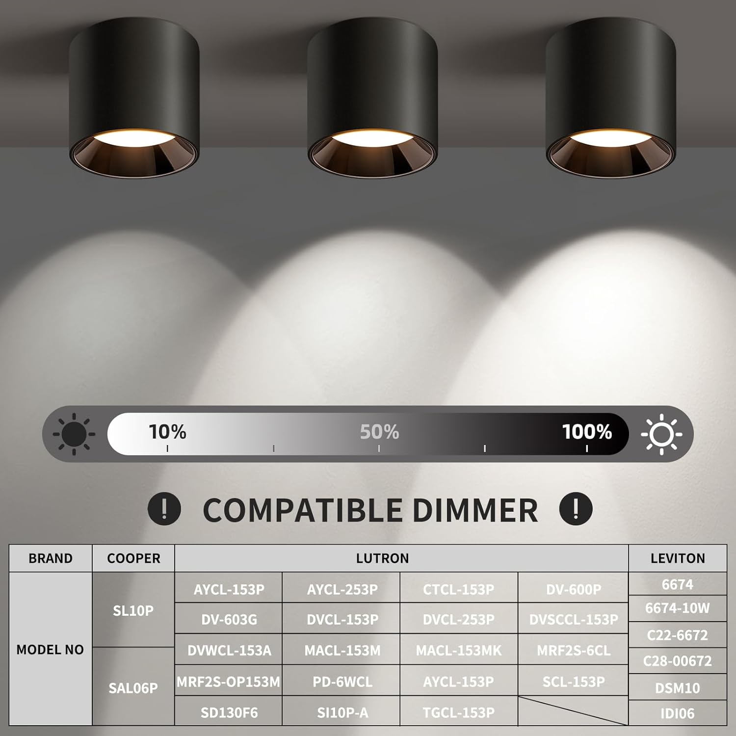 Table listing compatible dimmer switches from brands like Cooper, Lutron, and Leviton, with specific model numbers.