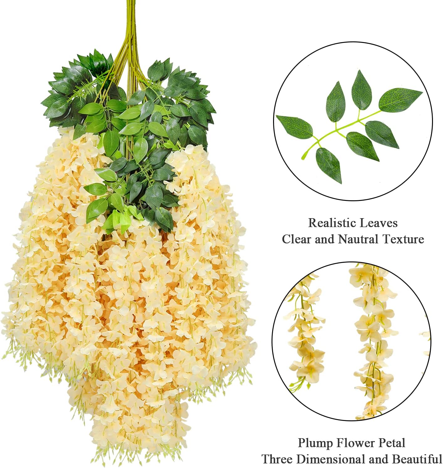 Pauwer Wisteria Hanging Flowers 24 Pack Fake Flower Garland Artificial Wisteria Vines Rattan Silk Flower String Wedding Party Wall Decorations,Champagne