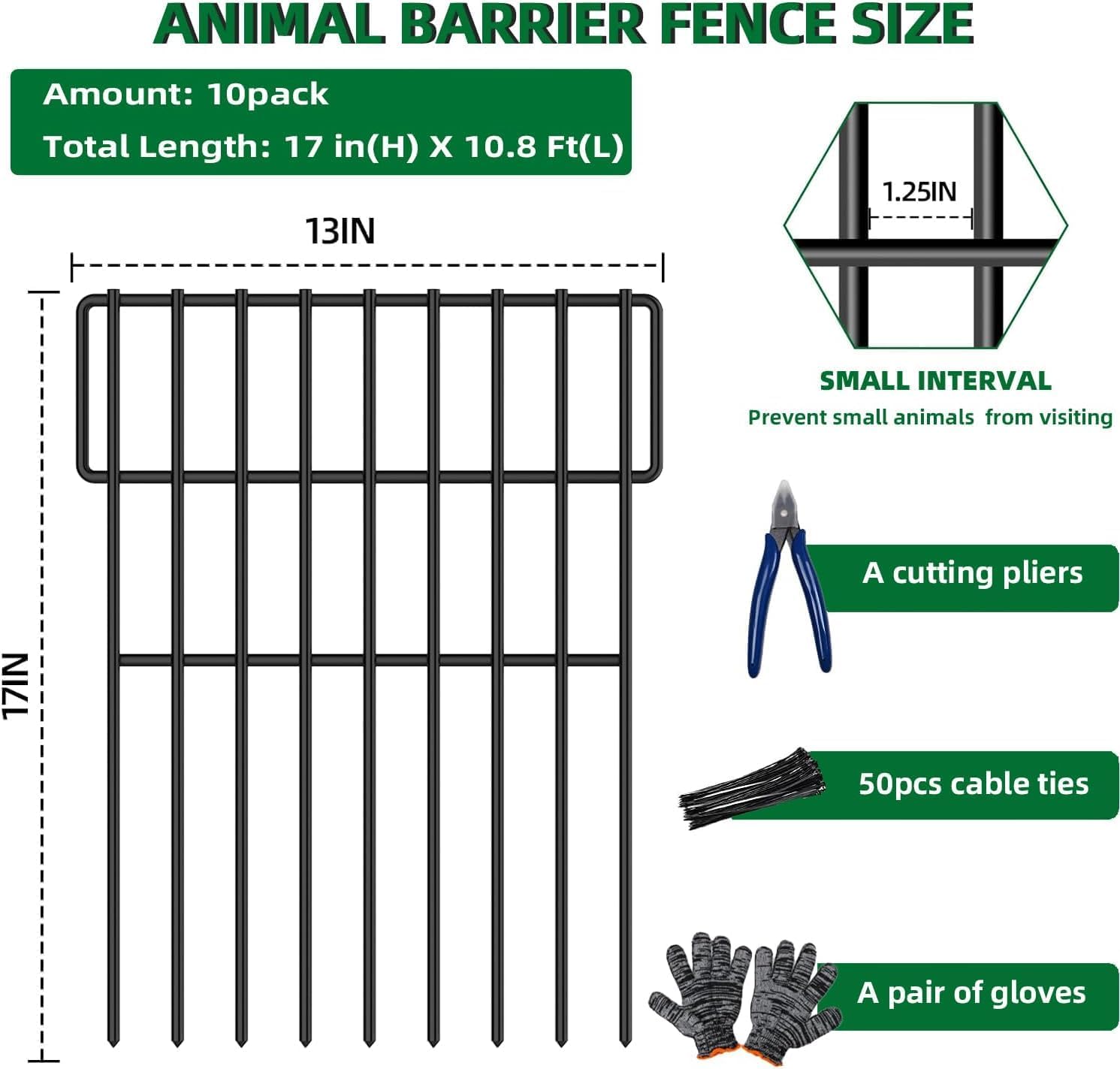 10 Panels Garden Fencing Animal Barrier, 17in (H) X 10.8ft (L) No Dig Dog Fence, 1.25 in Gap Fence Border for Dogs Rabbits, Rustproof Metal Decorative Fences Blocker for Outdoor, Yard, Patio image 3