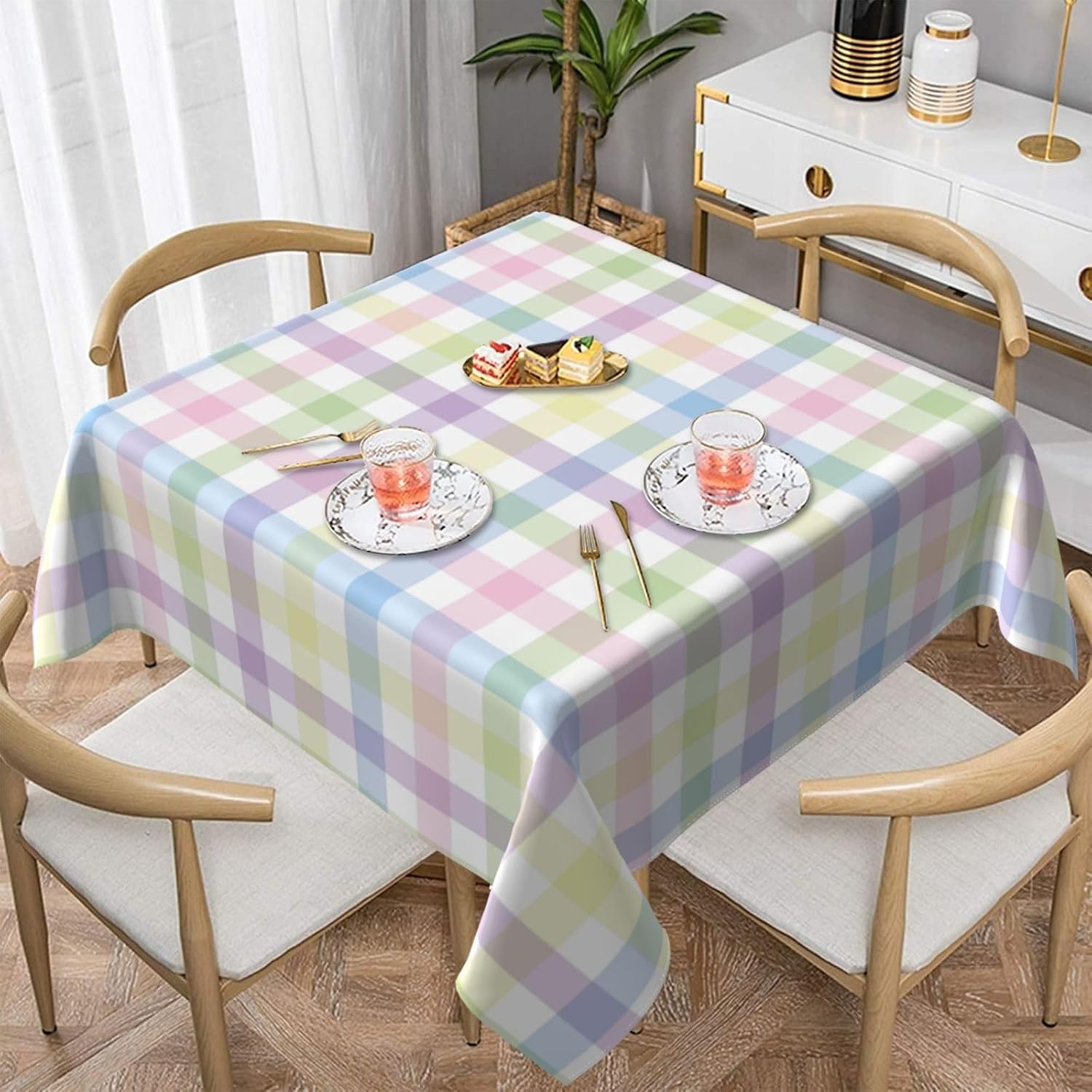 Spring Easter Tablecloth 54x54 Inch Square, Watercolor Colorful Buffalo Check Plaid Bunny Table Cloths Table Covers Polyester for Holiday Parties Kitchen Dining Indoor Outdoor image 2