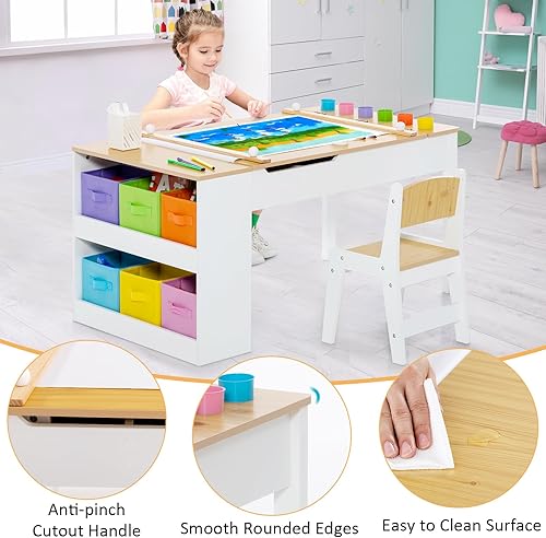 Miniatura 7 de INFANS Juego de mesa y silla de arte 2 en 1 para niños, escritorio de actividades de madera con 2 sillas de almacenamiento, contenedores de lona,