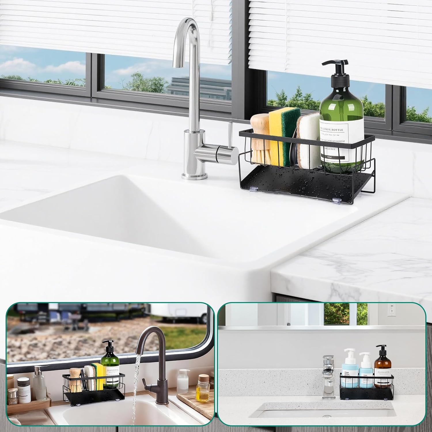 Kitchen Sink Caddy Countertop, 9.06" Rust-Proof Metal Sponge Holder for Kitchen Sink Counter,Drainage Caddy for Countertop with Angled Tray (Black)