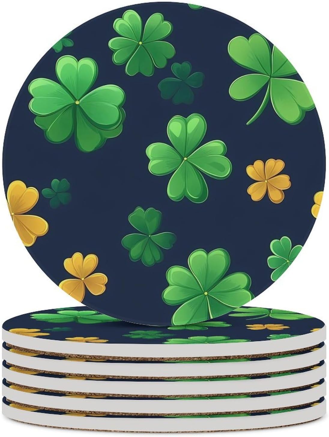 Shamrock Stpatricks Day Coasters for Drink Round Ceramic Coaster with Cork Base Home Decorative 6PCS
