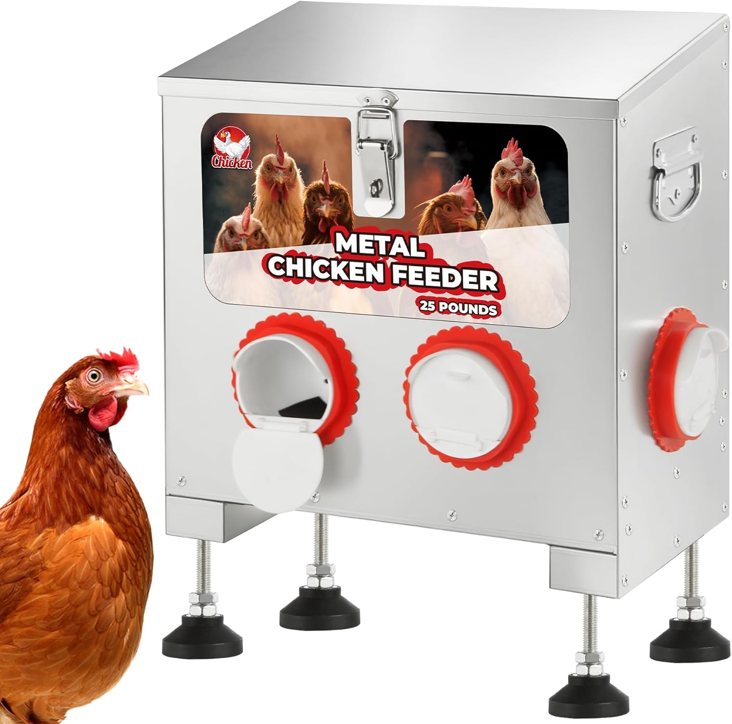 25 lbs 4-Port Galvanized Chicken Feeder No Waste with Locking Lid&Riveted Handles,Adjustable Height,Large Capacity Rainproof Automatic Chicken Feeders for Chickens, Poultry Coop,Silver