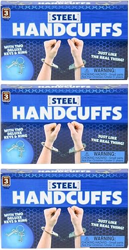 Miniatura 4 de ArtCreativity Paquete de 3 esposas de metal para niños con llaves, accesorios de disfraces, recuerdos de fiesta, puños de juguete de simulación,