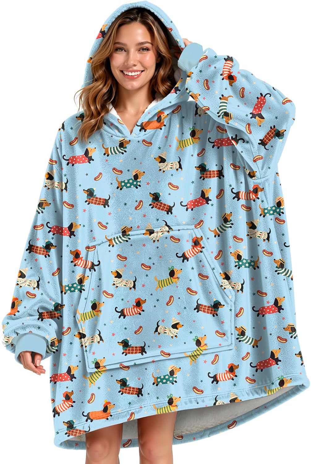 Dachshund Hoodie Blanket, Blue Wearable Cloth Gift for Dog Lover Women Men