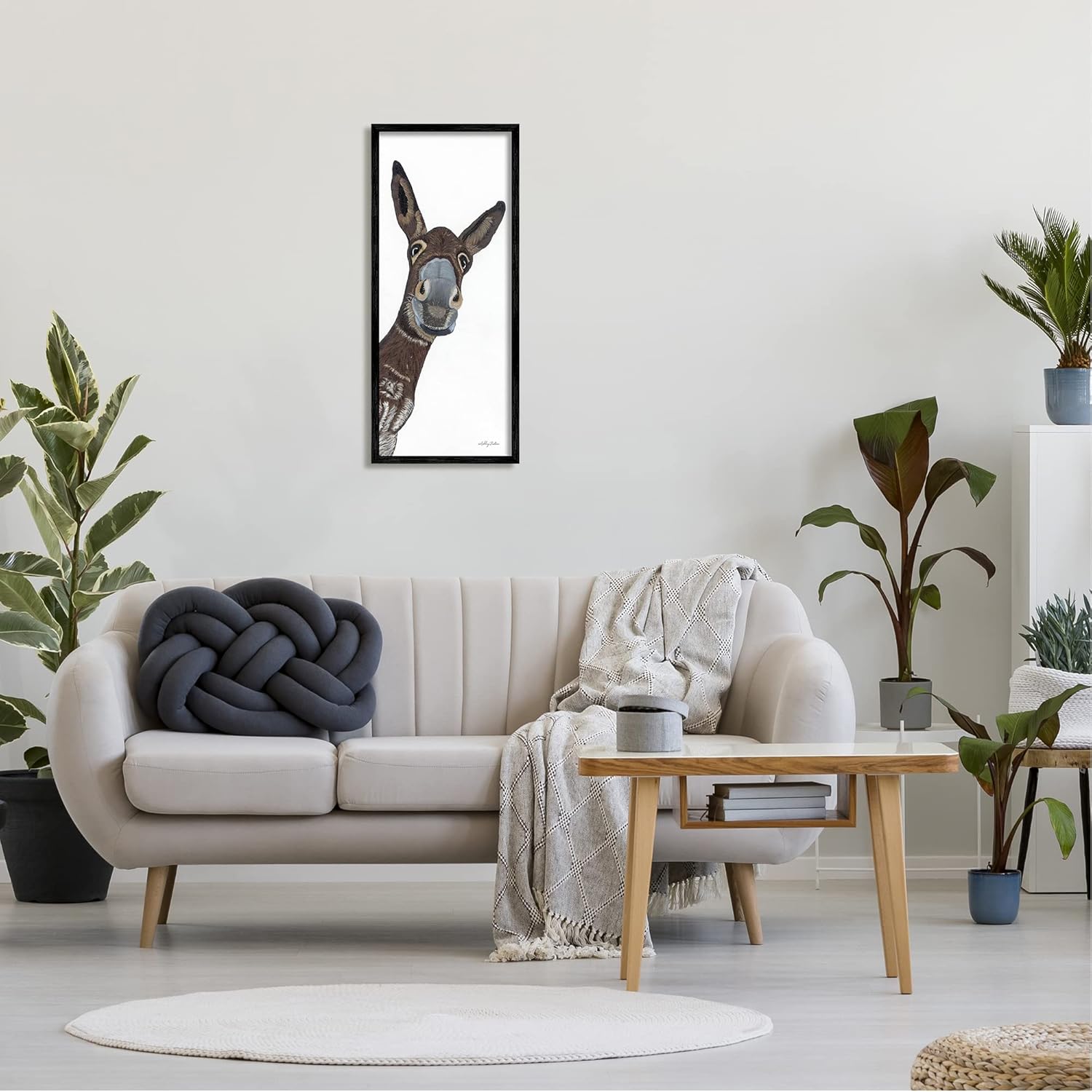 Stupell Industries 'Donkey Peering Happily Casual Farm Portrait ', Framed Giclee Art, Black, 13 x 30 Inches, Easy to Hang and Sturdy, Made in USA, by Ashley Justice