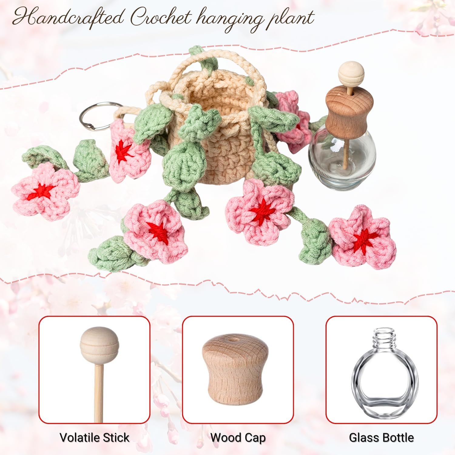 Crochet Car Air Freshener, 15ml Empty Refillable Oil Diffuser Bottle With Crochet Cherry Blossom Hanging Plant for Car Accessories, Crochet Plant for Rear View Mirror Decor, Home and Office Decor