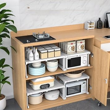 Stackable Shelf, Wardrobe Storage Organiser, Expandable Closet Shelves, Stackable Kitchen Storage Shelves, Counter Shelves, White, D 24CM, L 27-38 CM, H 22 CM