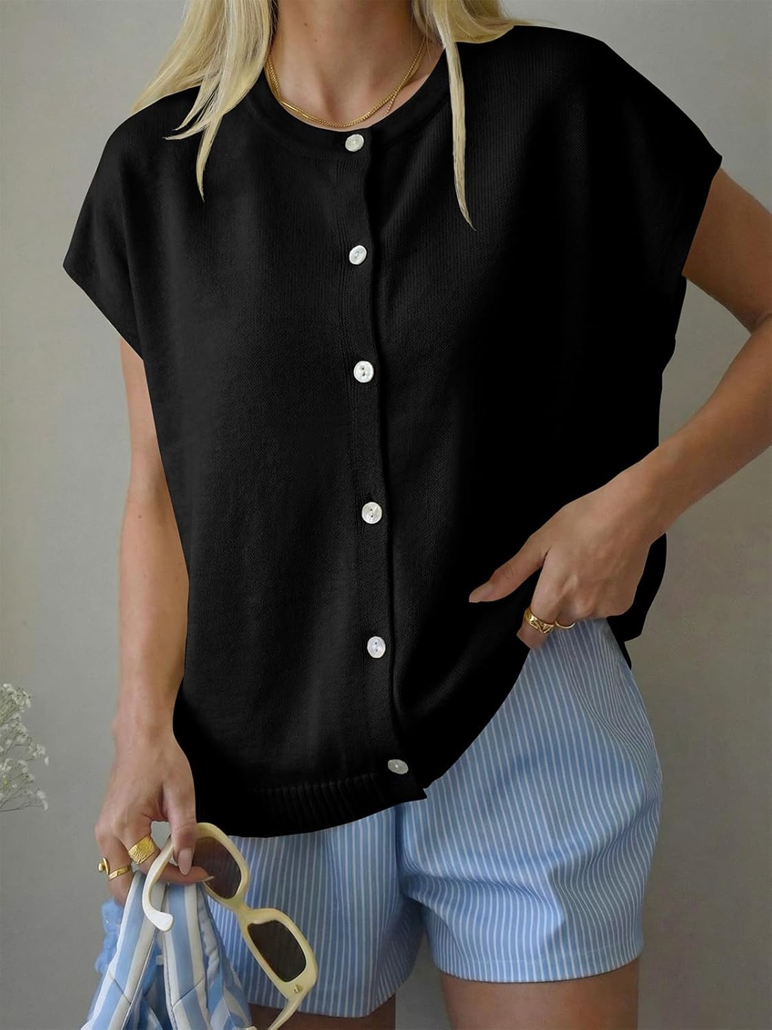 Saodimallsu Womens Oversized Cardigans Summer Short Sleeve Lightweight Knit Button Down Crew Neck Casual Sweater Tops - Image 3