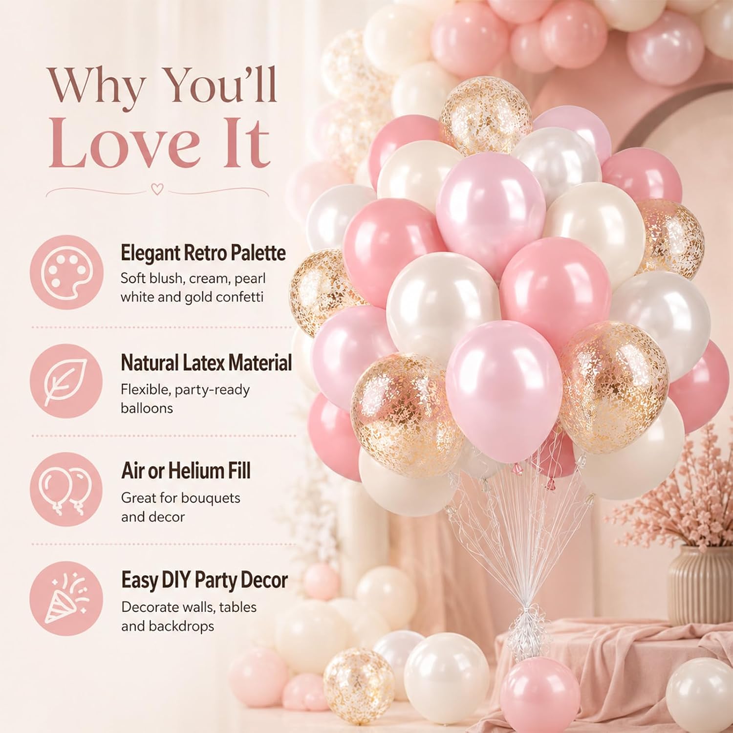 Pink and Gold Balloons, 50PCS 12 Inch Double Stuffed Metallic Balloons
