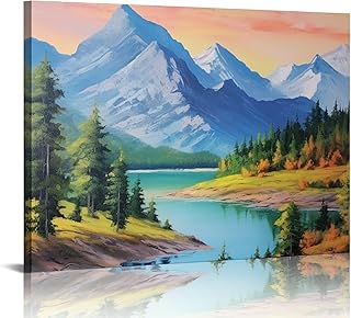 FUXIDURA Nature Mountain Canvas Wall Art National Park Painting Lake Blue Ridge Landscape Picture, Panoramic Artwork for Home Office Living Room Bedroom Bathroom Wall Decor 16x12in