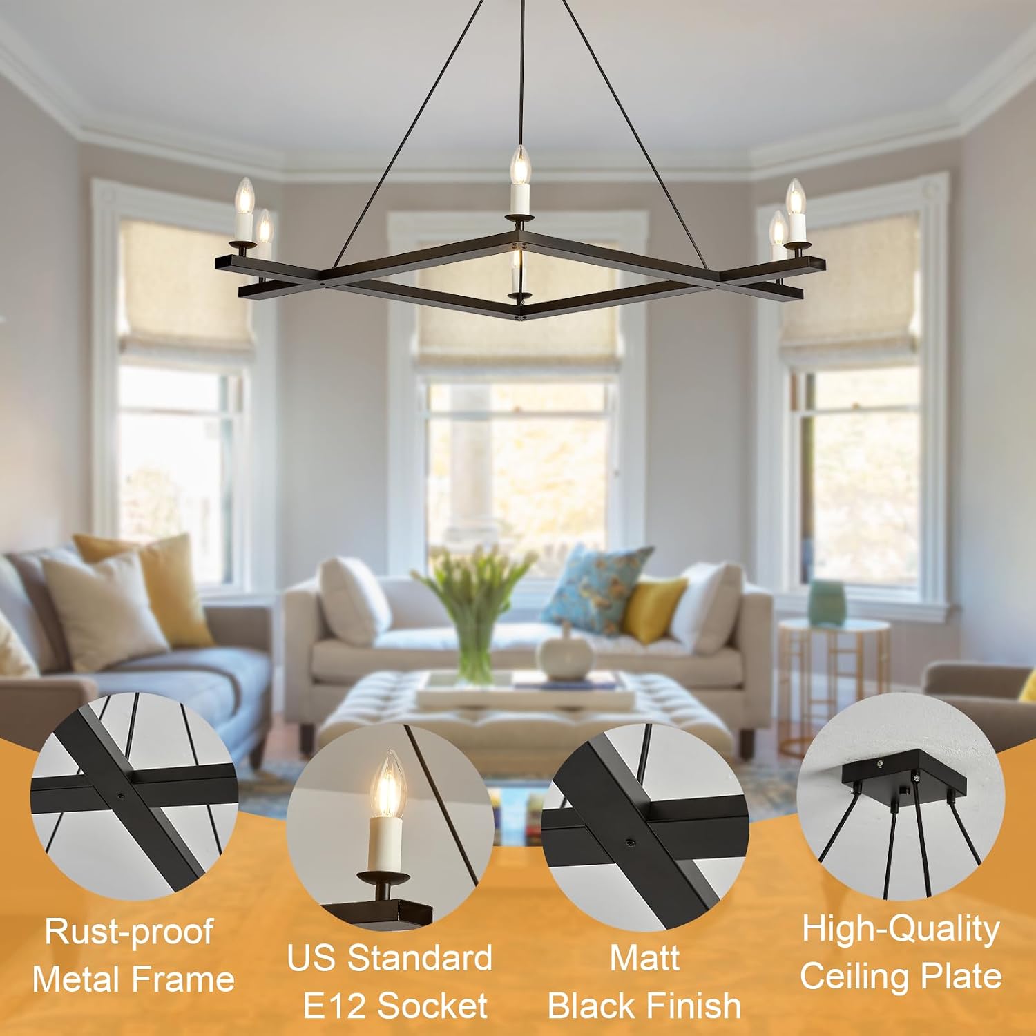 Chandeliers for Dining Room - Modern Metal 6-Light Kitchen Light Fixtures, Farmhouse Candle Hanging Pendant Light for Living Room Entryway Foyer Bedroom Industrial Chandelier (White)