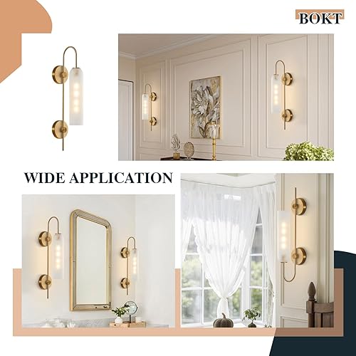 Miniatura 5 de BOKT Lámpara de pared moderna de mediados de siglo con 1 luz, aplique de pared de metal dorado cepillado, iluminación minimalista anti latón,