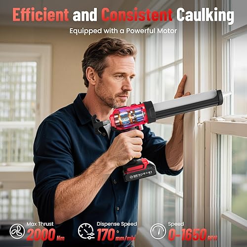 Vista 13 de Pistola de calafateo eléctrica, pistola de calafateo inalámbrica con 2 baterías de 2000 mAh, 9 herramientas de calafateo de silicona, 4 velocidades