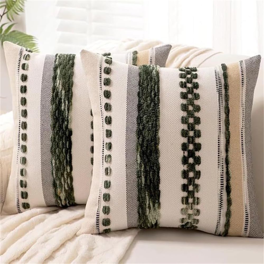 ApuaVireo&Co Cushion Covers Geometric Woven Texture Accent Neutral Square Pillowcases(Green)