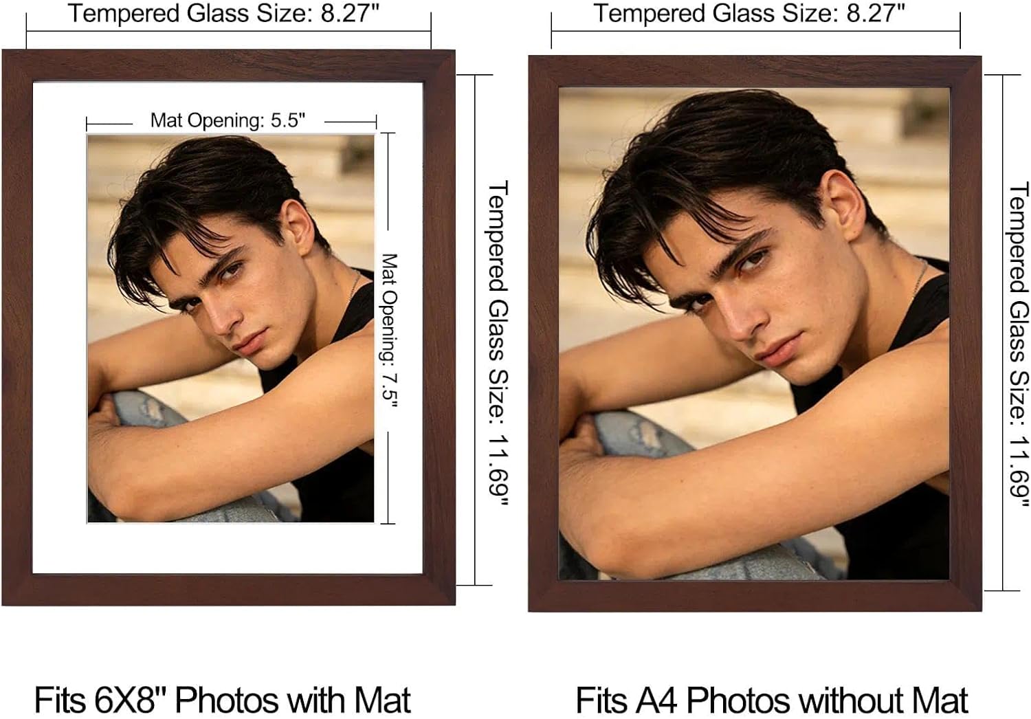 Boarding A4 Picture Frame with Shatter-Resistant Glass,Display 6x8 with Mat or 8.3x11.7 without Mat, Solid Walnut Wooden Frames,Wall or Tabletop Frame for Photo & Prints,1 Pack (Walnut, A4)