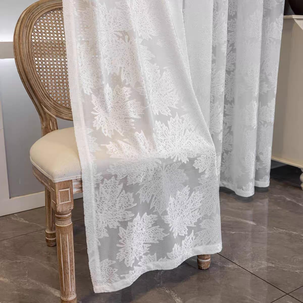 Weiß Gardinen Wohnzimmer Modern Ahornblätter Muster Halbtransparent Ösen