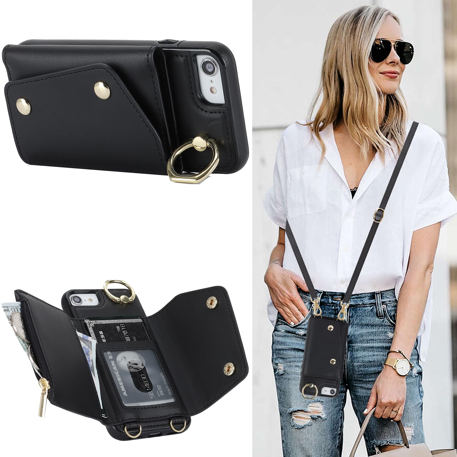 MRRSIWEI for iPhone 16e (Not 16) Case for Women, Crossbody Wallet with Card Slot Lanyard Wrist Strap Shockproof Purse Kickstand Cover for Apple