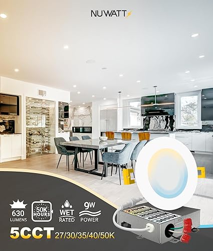 Miniatura 3 de NUWATT Paquete de 12 luces LED empotrables ultrafinas de 4 pulgadas, 5CCT 2700K3000K3500K4000K5000K seleccionable, 630LM, 9W, clasificación IC,