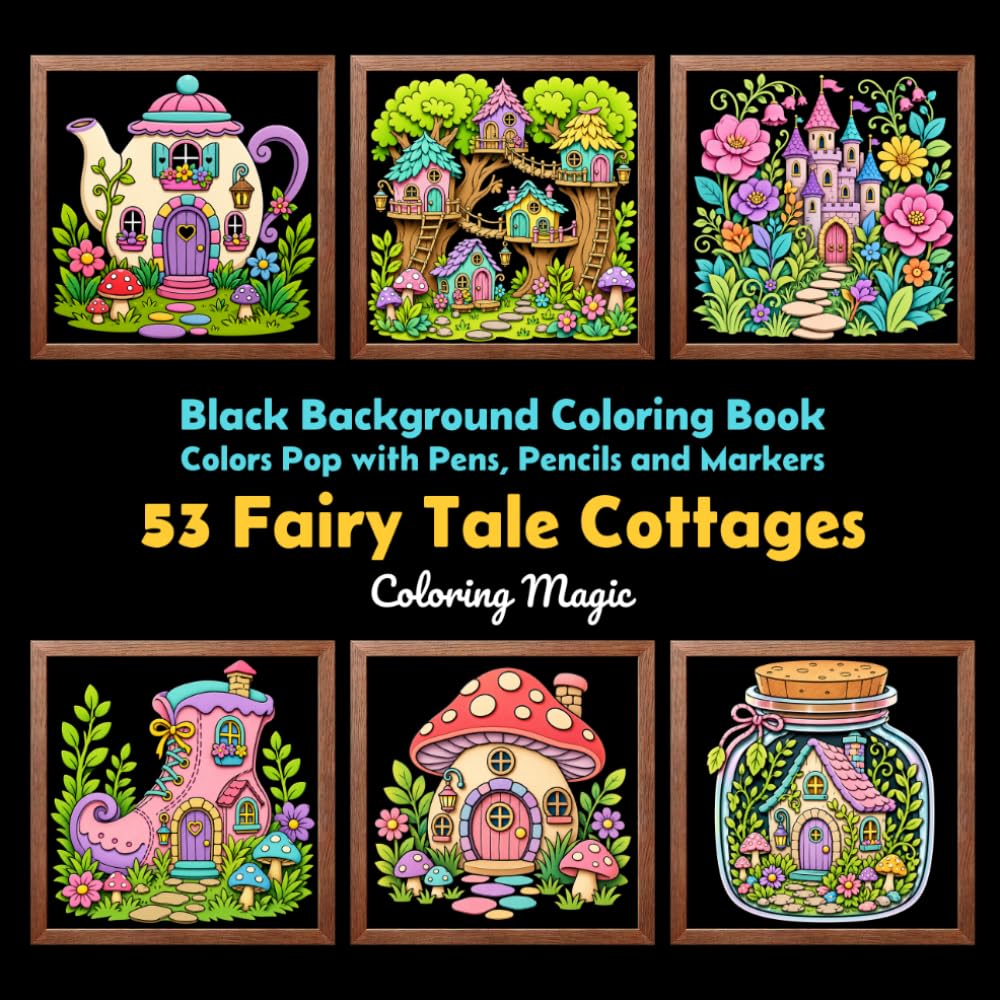53 Fairy Tale Cottages: Teens & Adults Coloring Book | Black Background | Fairy Cottages | Mushroom Homes | Treehouses | Castles (Midnight Black Background Coloring Series)