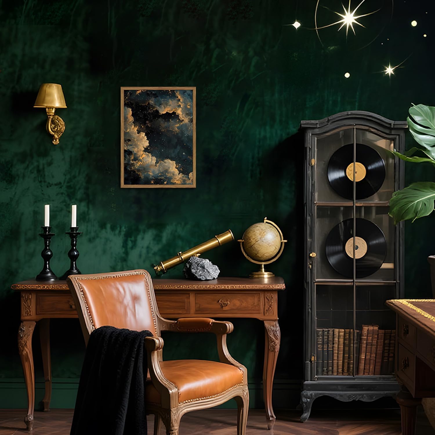 Dark Academia Cloud Wall Art, Vintage Moody Celestial Canvas Wall Decor Paintings, Maximalist Gold Night Sky Stars Aesthetic Posters Prints Pictures for Living Room Bedroom Home Decor 12x16 In Framed