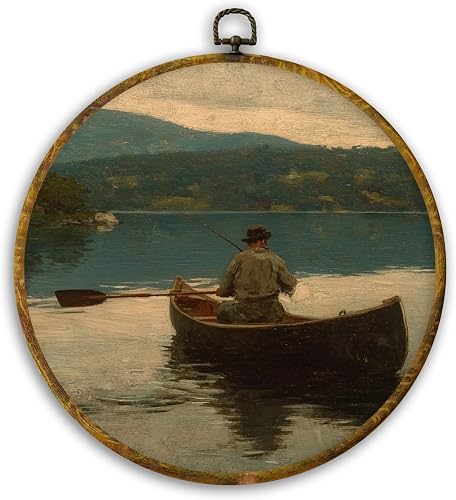 CUANFDDSF Vintage Fisherman Fishing Round Wall Art, Antique Fishing Framed Hangi