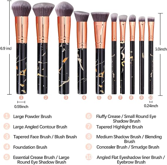 Marble Black Makeup Brushes, 12Pcs Make Up Brushes for Women Travel-Friendly Makeup Bag, Brushes & Sponges, Synthetic Eyeshadow Contour Make-up Gift for Teenage Girls Kids