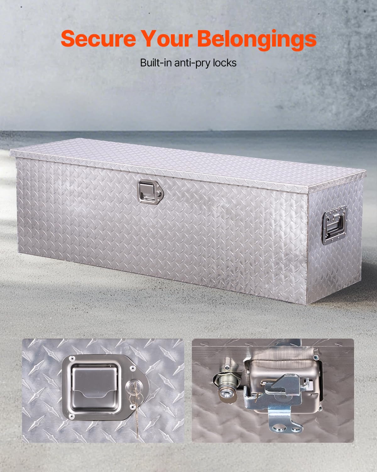 VEVOR Cassetta Portautensili in Alluminio per Cassone di Camion, con Piastra Diamantata, Maniglia Laterale e Chiavi di Blocco, Organizzatore per Rimorchi, Camper, 1244,6 x 381 x 381 mm, Argento