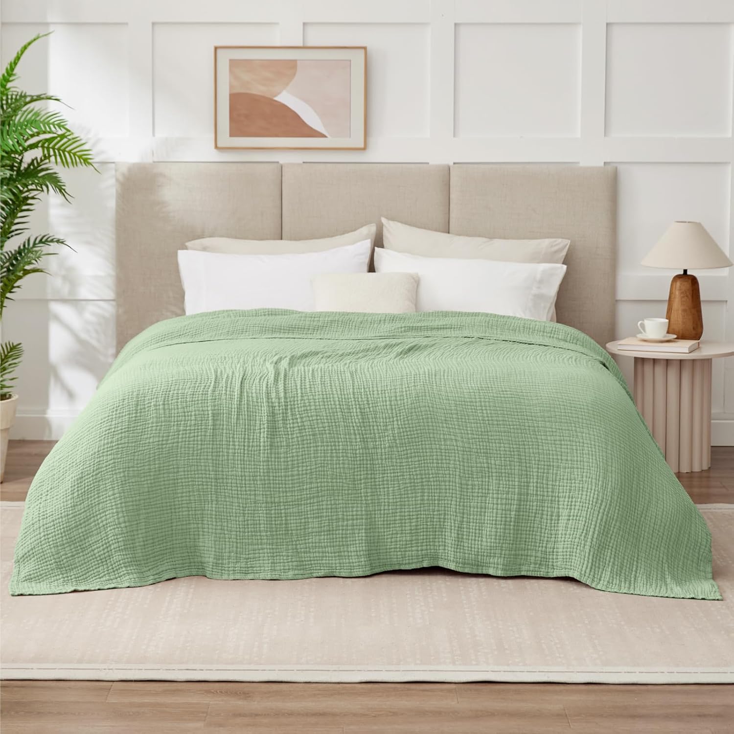 100% Cotton Muslin Blanket Queen 90" x 90", 6 Layers Breathable and Lightweight Cotton Throw Blanket for Bed, Soft Quilt Bedspread Coverlet, Gauze Blanket for Adults All Season, Sage Green - Image 7
