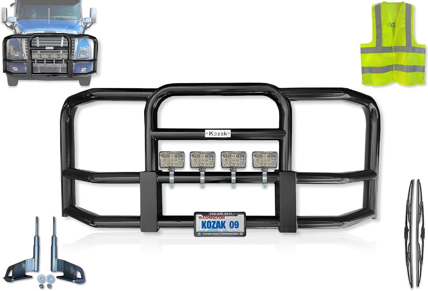 KOZAK Compatible with Cascadia 2008-2017 Black Full Grille Deer Brush Moose Bumper Guard PLUS 4x 6" lights, License Plate Holder and Frame, Logo, 2x Wipers, Reflective Vest