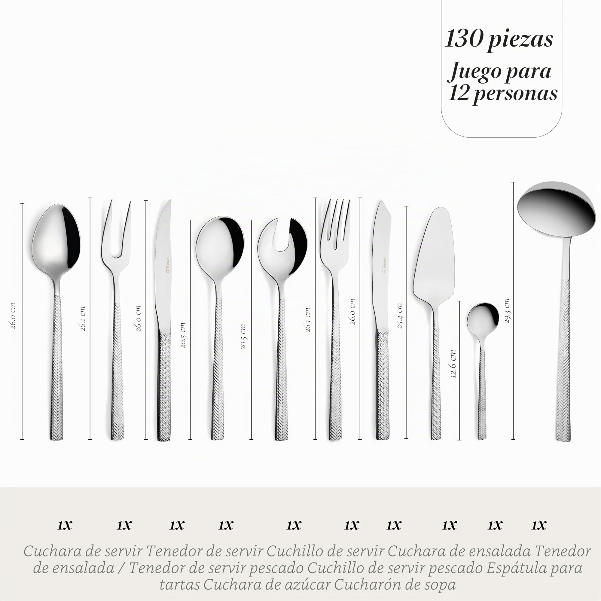 Cristema Dakar Acabado Brillante, juego de 130 piezas (12 personas) en acero inoxidable 18/10, aptas para lavavajillas y producidas en Portugal