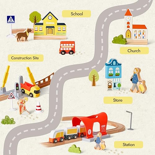 Miniatura 2 de Juego de 94 pistas de tren de madera, moderno tren de aventura urbana para niños con puente, túnel, grúa, edificios de la ciudad, accesorio de