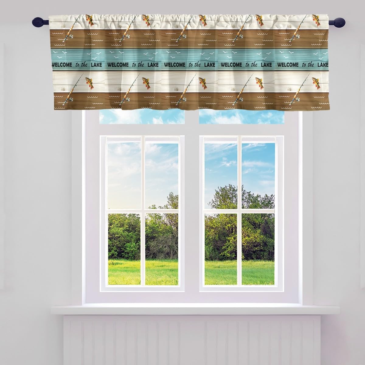 Erosebridal Bass Fish Valance Curtains for Kitchen Windows,Ocean Beach Window Curtains for Teens,Go Fishing Rod Rustic Farmhouse Cabin Pattern Seashell Seagull Decor,Brown Mint Green,52" W X 18" L