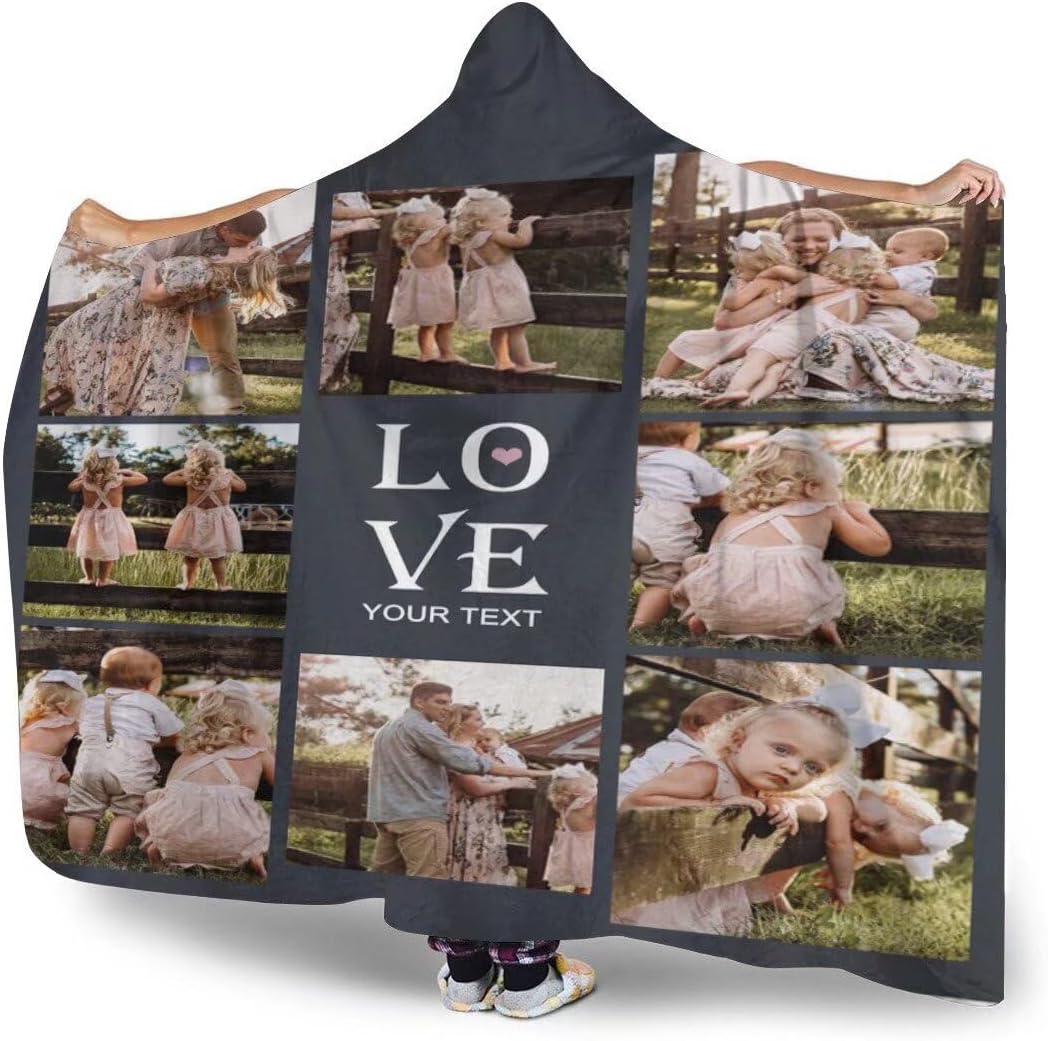 Custom Wearable Blanket Hoodie,Personalized Blanket Hooded with Photo Text,Comfy Sherpa Hoodies,Throw Blanket for Couple Mom Dad,60"x80"