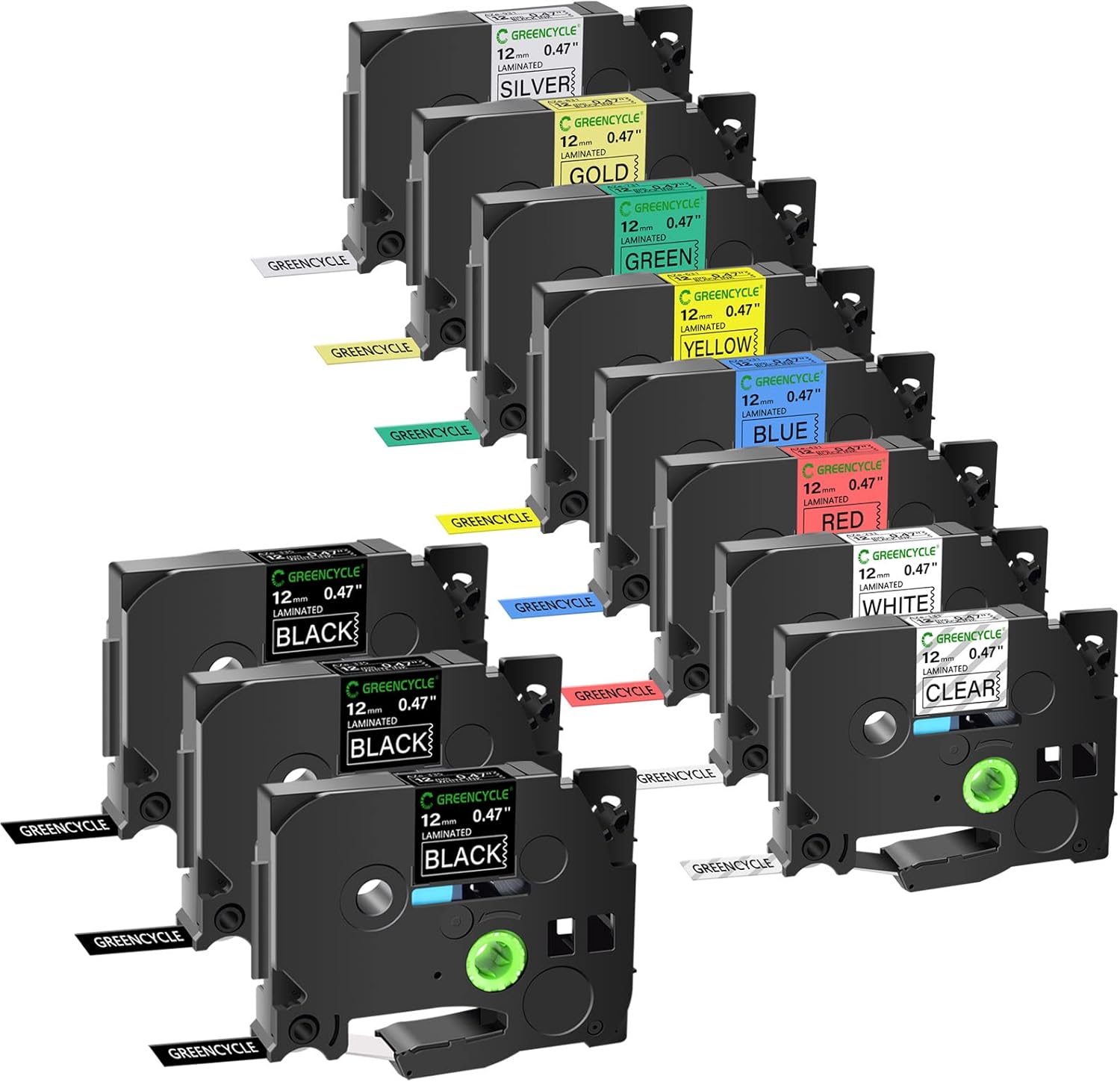 GREENCYCLE 3PK Black and 8PK Multi Color 12mm Label Tape Compatible for Brother TZe-335 TZe-131/231/431/531/631/731/831/931 AZE Laminated Tape for P-Touch PT-H100 H110 D400AD D600 Label Maker,11 Pack