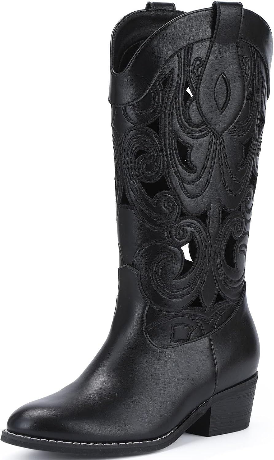 Cowboy Boots Women Cutouts Western Cowgirl Boot Embroidered Leather Boots Chunky Heel Fashion Vintage Mid Calf Boot